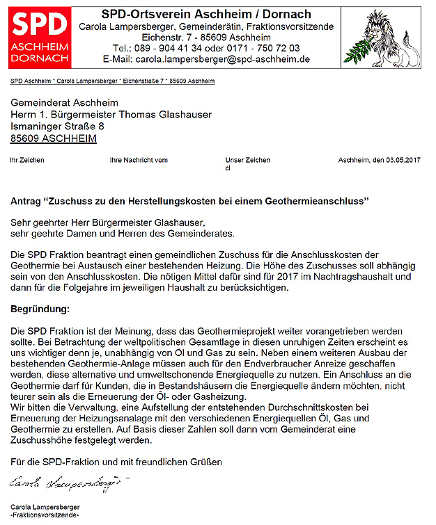 Antrag "Herstellungskosten Geothermie"