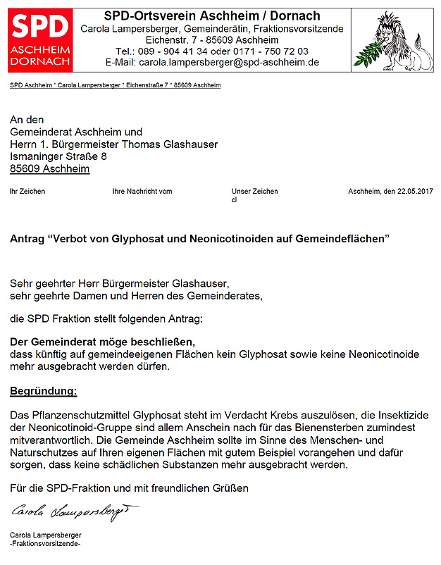 Verbot von Glyphosat und Neonicotinoiden auf Gemeindeflächen