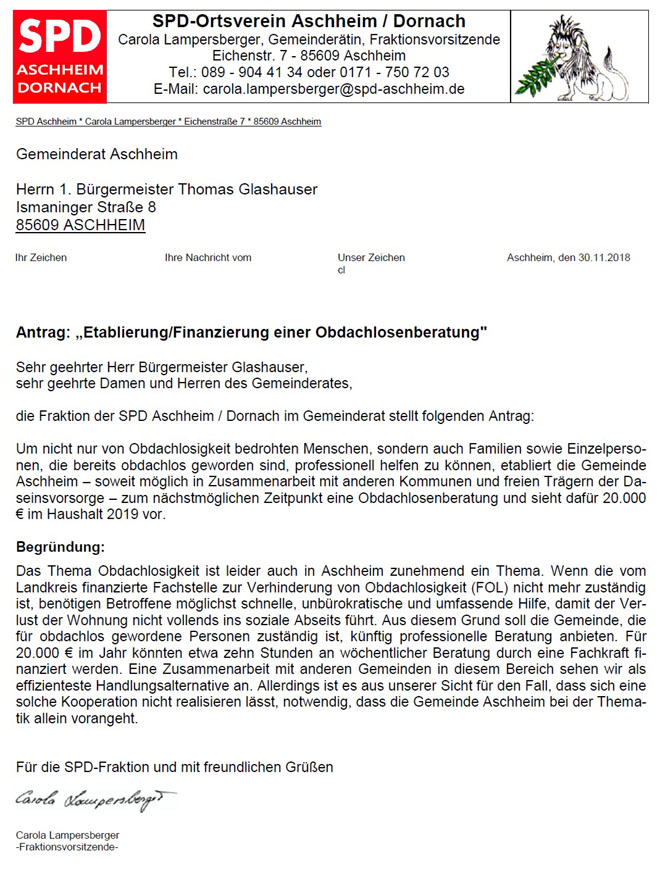 Antrag "Obdachlosenhilfe"